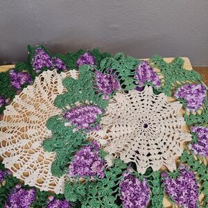 Vintage Handmade Crochet Grape Doily Purple Green Ivory Lace Table Topper 15"